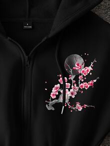 Collagica Collagica 女款 Y2K 櫻花、月亮與字母袖印花拉鍊短版連帽外套，長袖抽繩運動衫，哥德風街頭穿搭外套 - 黑色 - 查看 3