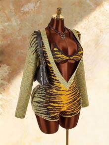 Amplova Women's Tiger Print Deep V-Neck Long Sleeve Knit Romper And Cropped Halter Knit Top 2 Pieces Set - Green - View 6