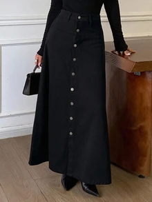 DAZY Rok Denim Panjang Model A-Line Wanita dengan Hiasan Kancing Tunggal, Gaya Kasual Urban - Hitam - View 4