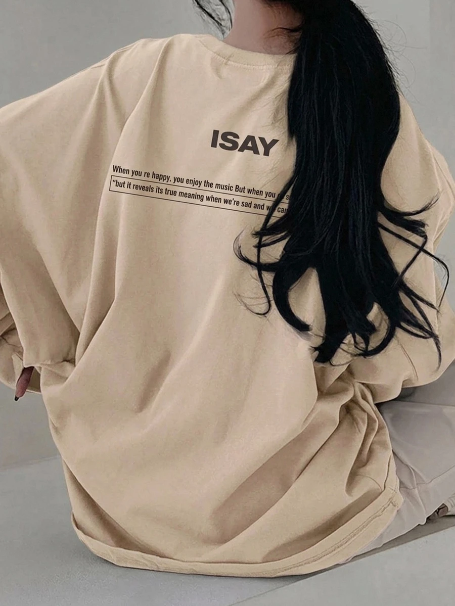 DAZY 女款字母印花圓領套頭長袖T恤，適合日常穿著 - 米色 - 查看 1