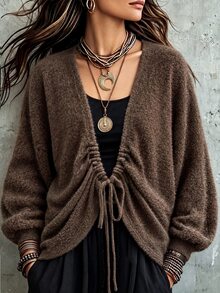 Breezaya Women's Solid Color Deep V-Neck Front Tie Long Sleeve Loose Casual Sweater - Brown - View 8