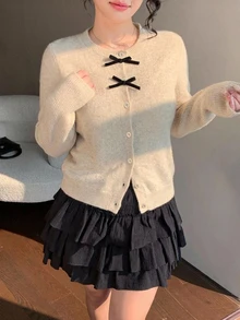 Dazy Plus Women's Elegant Contrast Color Bow Cardigan Sweater, Versatile Autumn Top - Apricot - View 2