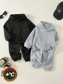 SHEIN 男嬰秋冬加厚高級黑色與灰色連帽衛衣 4件套，適合假期、聖誕節、萬聖節套裝 - 彩色 - 查看 1