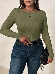 SHEIN Clasi 大尺碼女款淺杏色船領長袖基礎套頭毛衣，秋冬疊穿上衣 - 軍綠色 - 查看 6