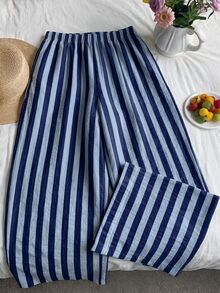 SHEIN EZwear Plus Size Striped Colorblock Drawstring Waist Pants For Daily Wear - Royal Blue - View 2
