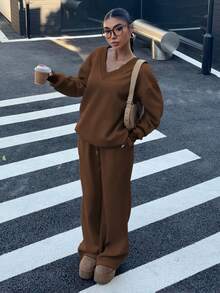 Muchica Women's V-Neck Oversized Fluffy Fleece Elastic Loose Casual Brown Sweatshirt And Sweatpants 2 Pieces Set, Autumn/Winter - Brown - View 5