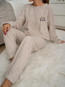 SHEIN قطعتان للنساء من القماش المخملي الناعم والمخطط مع تفاصيل تطريز شعار وياقة مستديرة - بيج - مشاهدة 7