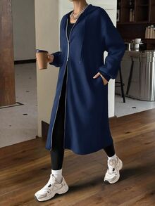 SHEIN EZwear 女款中長版保暖內裡連帽夾克，秋冬新款系列 - 藏蓝色 - 查看 6