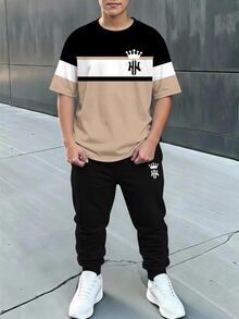 兒童青少年男孩休閒舒適時尚極簡條紋圓領皇冠短袖長褲 T-shirt 套裝 針織黑色 2 件式套頭衫 - 彩色 - 查看 3