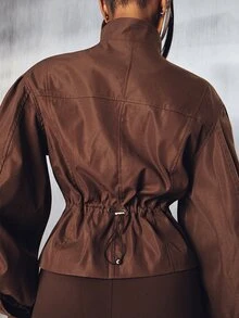 Denimoi Justerbar midja tvåvägs dragkedja jacka modejackor höstoutfits It Girl moderiktig kort modell - Brun - Visa 7