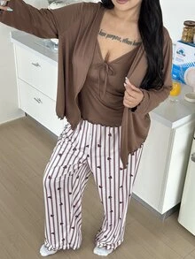 ZzzCrew Plus Size Lace-Up Camisole Top And Heart Stripe Print Long Pants With Frill Trim Cardigan Pajama Set - Brown - View 4