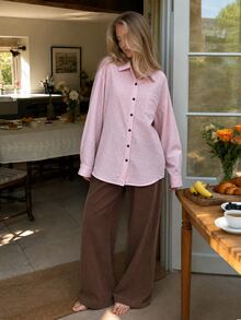 DAZY Autumn/Winter Minimalist Loose Relaxed Fit Shirt Style Women's Loungewear Set - Pink - View 4