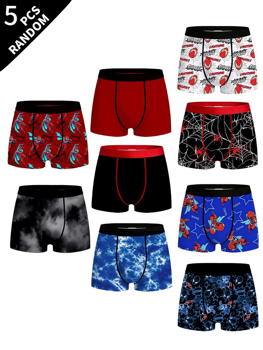 5pcs Random Assorted Tween Boys Boxer Briefs, Multiple Cartoon Prints, Soft & Comfortable, Elastic Waistband, Boys Daily Boxer Underwear - Grey - View 1
