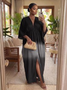 SHEIN Lady CURVE 大尺碼女款 V 領漸層色休閒派對洋裝 - 彩色 - 查看 1