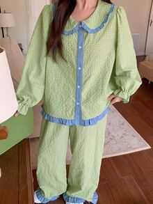 Dazy Plus Cute Plaid Peter Pan Collar Top & Pants 2-Piece Set Green Pajama Loungewear - Mint Green - View 7