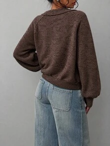 SHEIN BASICS Women's Raglan Long Sleeve Half-Zip Casual Sweatshirt - Coffee Brown - View 5