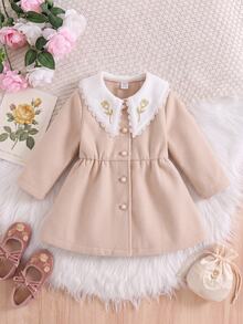 SHEIN Cute Colorblock Peter Pan Collar Long Coat For Baby Girls - Apricot - View 9