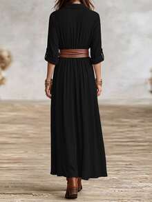 Hotletica Women's Lapel Pleated Waist Single-Breasted Long Dress In Army Green - Black - View 2