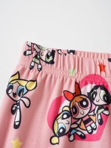 THE POWERPUFF GIRLS X SHEIN 女童圓領短袖上衣與長褲居家休閒套裝 - 粉色 - 查看 6