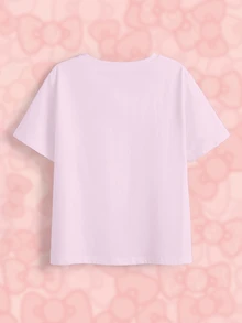 HELLO KITTY AND FRIENDS | SHEIN تي شيرت كاجوال يومي بأكمام قصيرة للبنات المراهقات بطبعة كرتونية وحروف - أبيض - مشاهدة 8