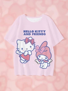 HELLO KITTY AND FRIENDS | SHEIN تي شيرت كاجوال يومي بأكمام قصيرة للبنات المراهقات بطبعة كرتونية وحروف - أبيض - مشاهدة 1