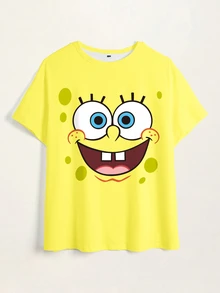 SpongeBob SquarePants | SHEIN 大尺碼女款卡通印花休閒日常短袖T恤 - 白色 - 查看 4