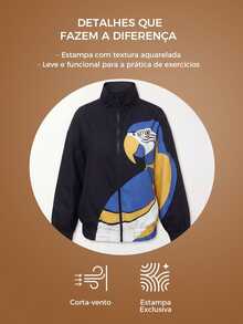 CAJUNI Oversized Sports Windbreaker Jacket– Tropical Blue Macaw Print - Black - View 3