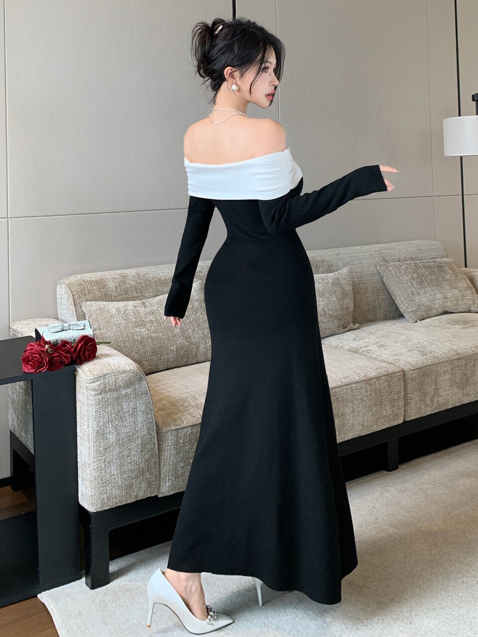 Women's Off-Shoulder Colorblock Elegant Waist-Cinching Party Knit Dress