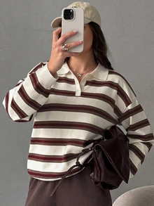 Dazy Plus Sweater Vintage Bergaris dengan Kerah Lipat Motif Patchwork Blok Warna untuk Musim Gugur - Coklat - View 5