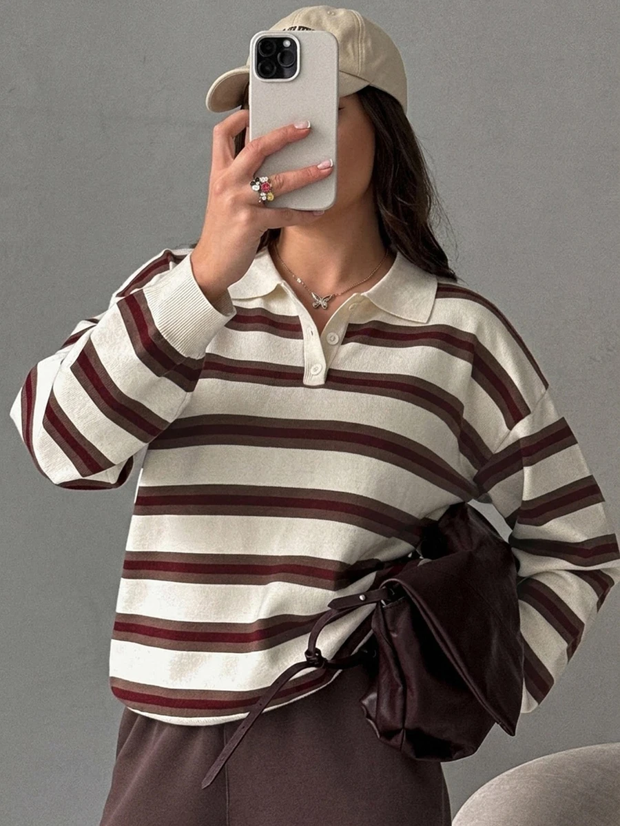 Dazy Plus Suéter vintage de otoño con cuello vuelto, a rayas y diseño de patchwork en bloques de color - Marrón - Ver 1