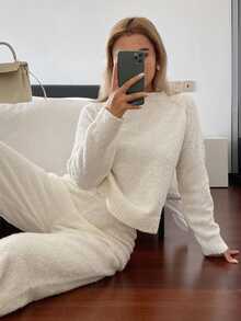 Livesso Women's 2 Pieces Set: White Round Neck Long Sleeve Knit Sweater And High-Waist Slim Fit Ribbed Knit Pants, Autumn/Winter - White - View 4