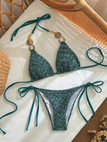 SHEIN Swim 女款兩件式比基尼泳衣套裝，三角上衣與泳褲，特殊紋理面料，側綁帶比基尼泳褲，夏季海灘泳裝 - 墨綠色 - 查看 1
