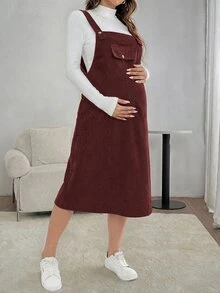 SHEIN 孕婦復古口袋簡約連身裙，適合日常穿著 - 紅木色 - 查看 5