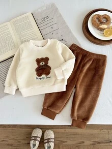 SHEIN Vintaside Kids 2件組男嬰可愛米色棕熊蝴蝶結刷毛刺繡長袖圓領厚款戶外秋冬節日套裝 - 棕色 - 查看 4