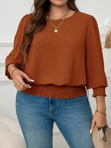 SHEIN LUNE 大尺碼女款純色圓領七分袖抓皺腰部襯衫 - 咖啡棕 - 查看 5