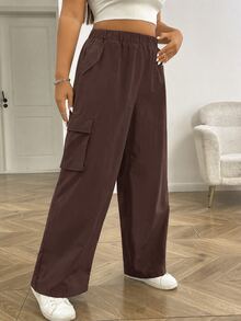 SHEIN EZwear 大尺碼女款純色休閒百搭日常工裝褲 - 巧克力棕 - 查看 5