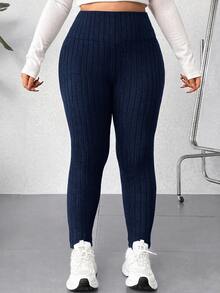 SHEIN EZwear 大尺碼休閒百搭高腰黑色緊身褲，夏季穿搭，女性沙灘穿搭，夏季度假穿搭，度假穿搭 - 藏蓝色 - 查看 3