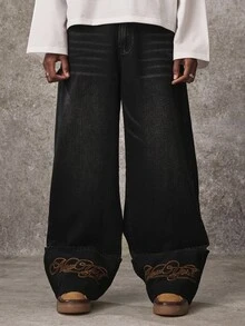 ROMWE MEN Street Life Vintage Retro Washed Denim Fashion Cat Whisker Heavy Embroidery Versatile Jeans - Black - View 4