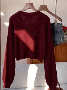 SHEIN EZwear 純色鈕扣前開襟羅紋針織開襟衫，長袖上衣，秋冬針織毛衣 - 酒紅色 - 查看 2
