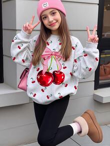 Tween女孩休閒簡約可愛蝴蝶結與櫻桃印花，美式復古咖啡色，圓領衛衣與鬆緊腰長褲套裝，適合秋冬保暖，Kawaii舒適秋冬風格，秋季新款 - 白色 - 查看 1
