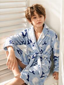 Kids Tween Boy Dolphin & Whale Pattern Thermal Lined Thick Long Sleeve Tie-Up Lapel Plush Robe, Bathrobe Cover-Up, Suitable For Indoor And Outdoor Use In Autumn/Winter - Baby Blue - View 5