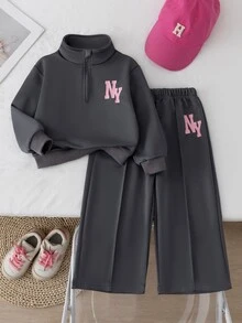 SHEIN Genkimix Kids (少女) 2件套運動衫套裝，灰色半高領半拉鍊長袖運動衫，胸前字母印花，羅紋袖口，搭配同色長褲。休閒運動風，適合日常上學、開學季、拍照、拜訪親友、郊區出遊，春秋穿著，簡約時尚 - 灰色 - 查看 6