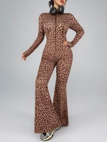 DAZY Jumpsuit Wanita Motif Leopard dengan Resleting Pas Badan - Coklat - View 9