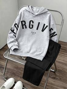 Casuvi Kids 男孩秋冬兩件套，灰色連帽衛衣搭配弧形大字母印花上衣與多口袋工裝寬腿長褲，酷感街頭美式高街風 - 彩色 - 查看 3
