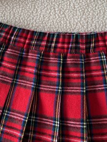 SHEIN 女童紅色格紋百褶裙，百搭休閒裙，美式學院風 - 紅色 - 查看 6