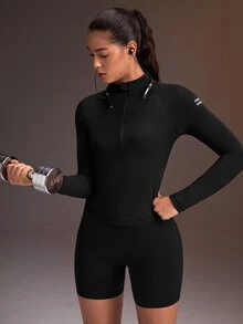 Powerista Women's Half-Zip Raglan Long Sleeve Casual Fitness Sports Sweatshirt - Black - View 3