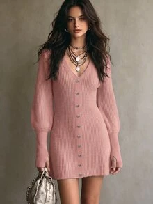 Balvessa Gaun Sweater Pendek Bodycon Berlapis Lengan Lentera Berkerah V Baru untuk Wanita dengan Dekorasi Kancing Logam, Gaya Komuter Serbaguna untuk Musim Semi, Musim Panas, Musim Gugur, Musim Dingin - Berwarna merah muda - View 3