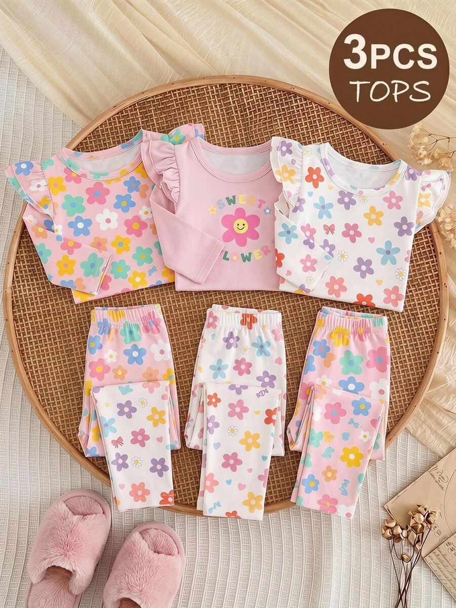 3-Pack Baby Girls' Floral Print Flutter-Sleeve Cute Top - White - View 1