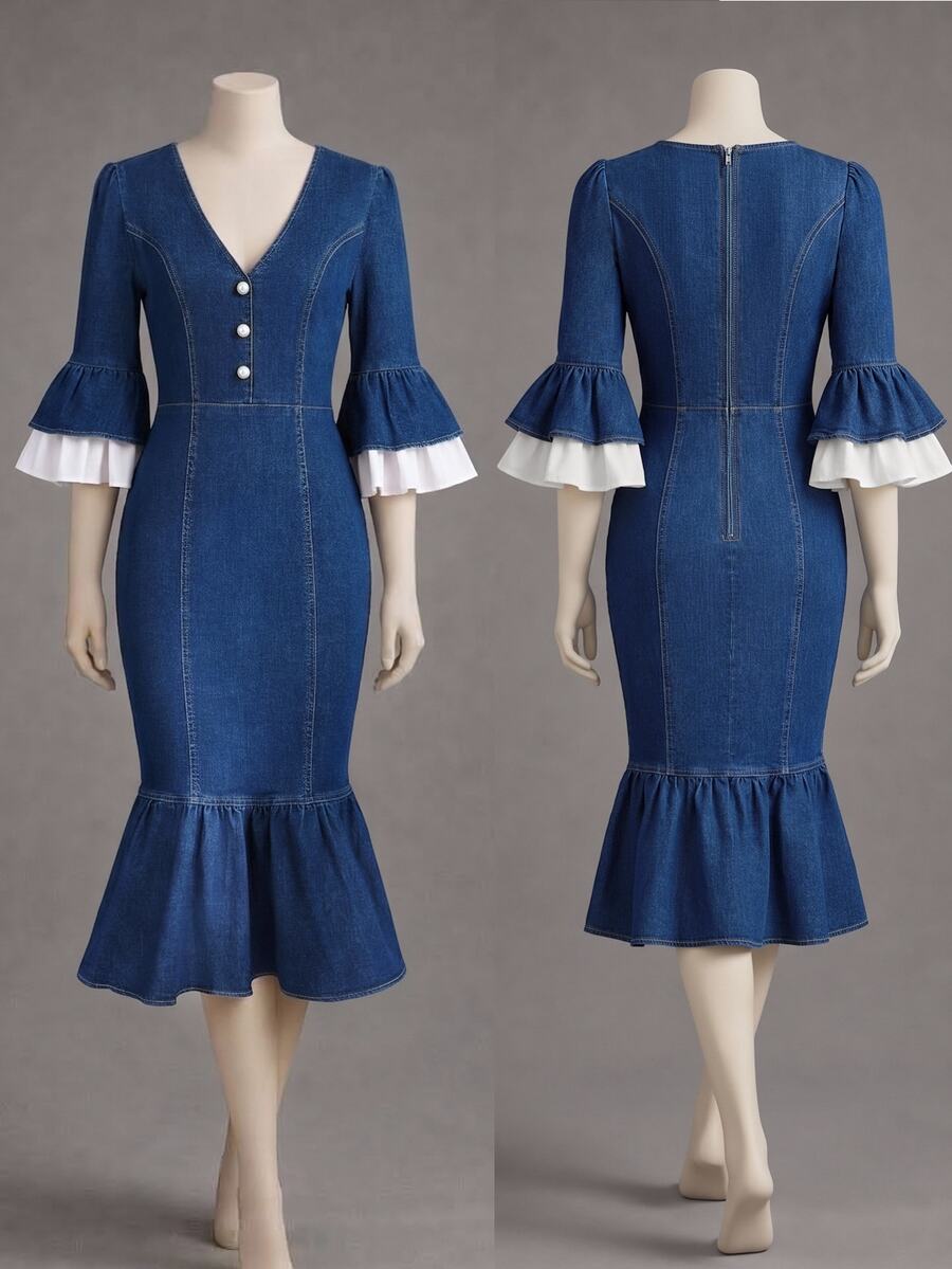 GlowEve Women's V-Neck Button Front Ruffle Cuff Fitted Elegant Denim Dress - Blue - View 1