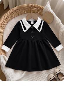 SHEIN Baby GirlAcademy Style Black & White Long Sleeve Collared Dress - Black - View 4